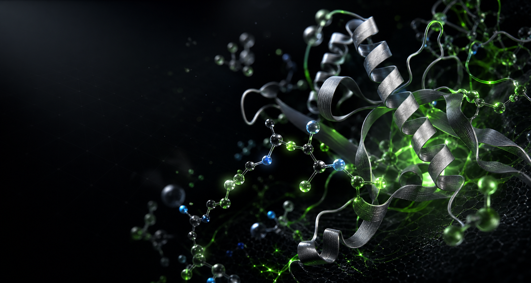 Abstract protein ribbon, peptide chain and amino acid molecular structures